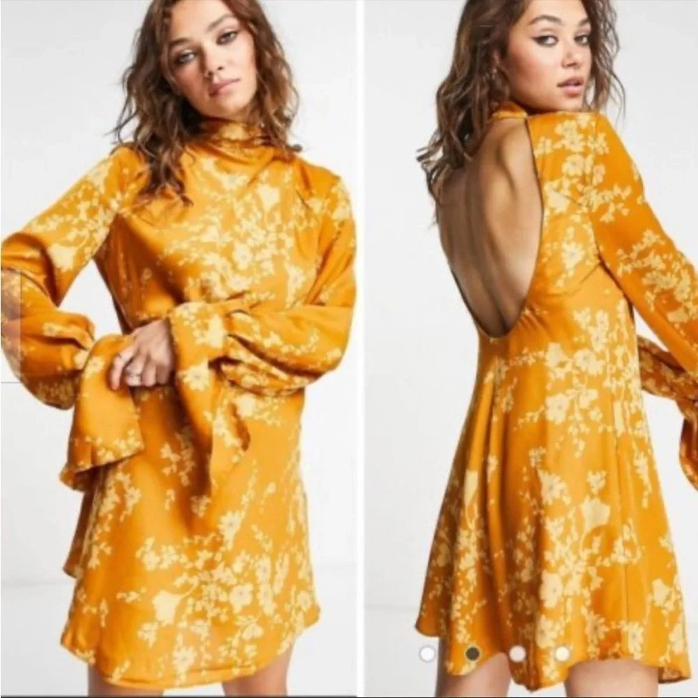 Free People Dress Aries Floral High Neck Open Back Dress Gold Floral XS